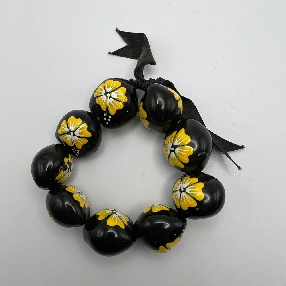 Hawaiian Necklace Bracelet Black Yellow Hibiscus‎ Flower Handmade Stretch